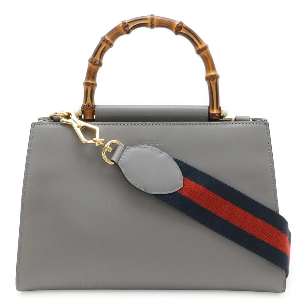 Gucci Bamboo Handbag Shoulder Leather Faux Pearl Gray